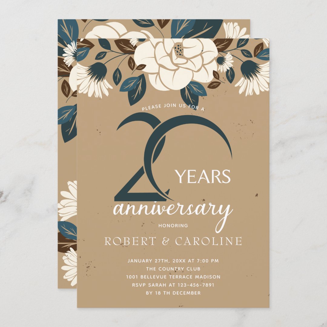 Floral Rustic 20th Wedding Anniversary Invitation | Zazzle