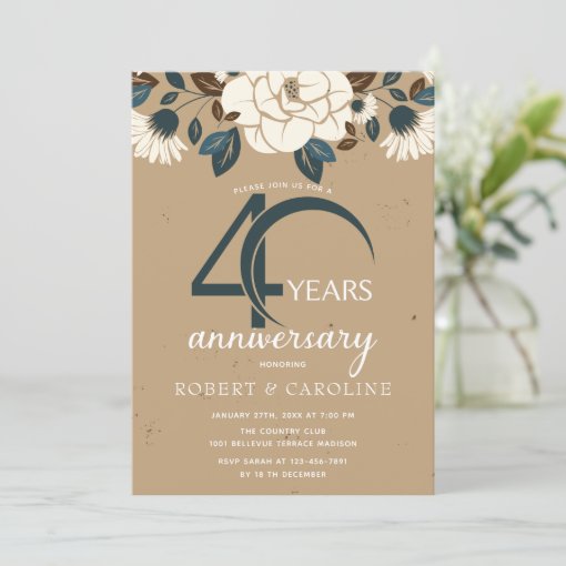 Floral Rustic 40th Wedding Anniversary Invitation | Zazzle