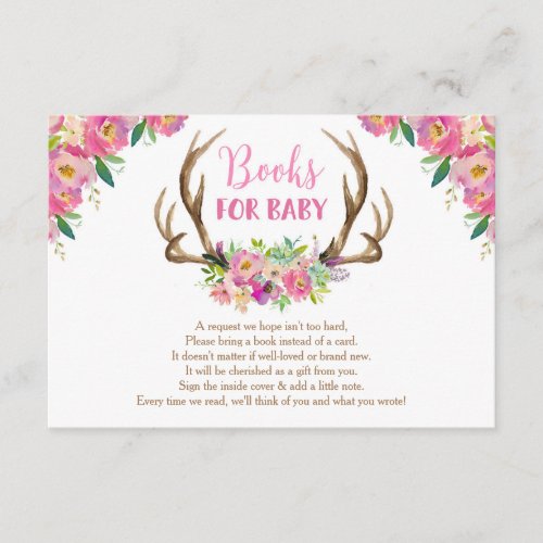 Floral rustic antler girl books for baby shower enclosure card