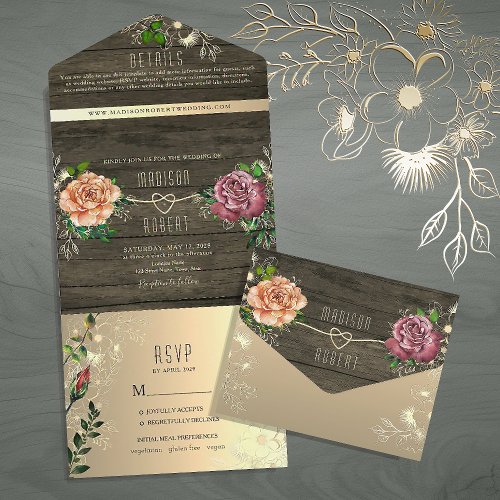 Floral Rustic Barn Wood Wedding All In One Invitation