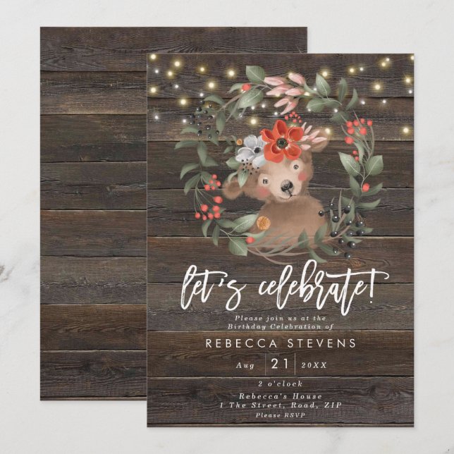 floral rustic bear let's celebrate birthday invitation (Front/Back)