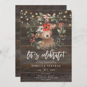 floral rustic bear let's celebrate birthday invitation
