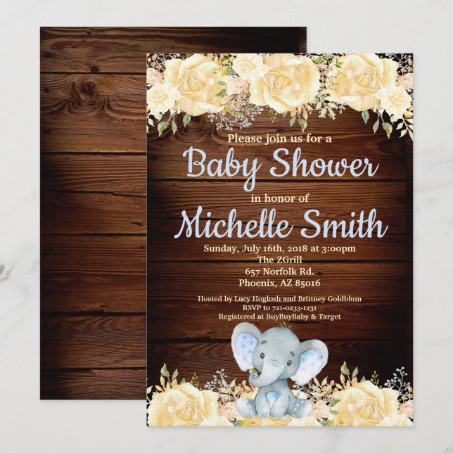 Floral Rustic Blue Boy Wood Elephant Baby Shower Invitation (Front/Back)