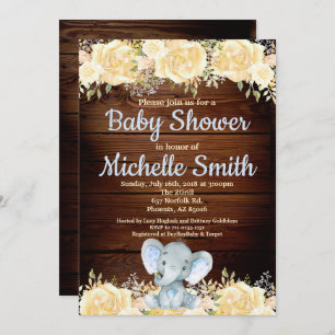 Floral Rustic Blue Boy Wood Elephant Baby Shower Invitation