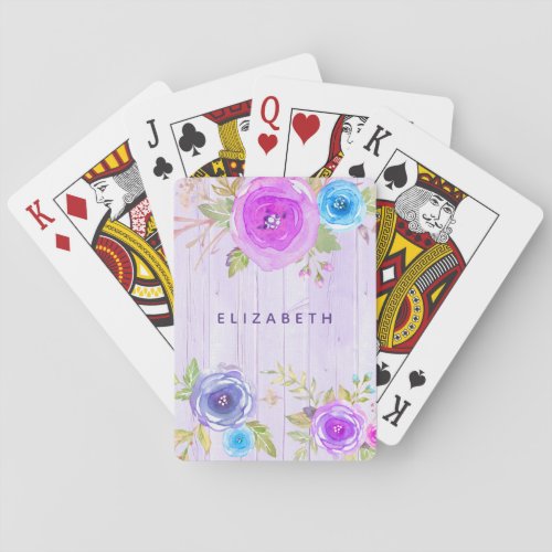 Floral rustic blue pink watercolor on purple wood poker cards