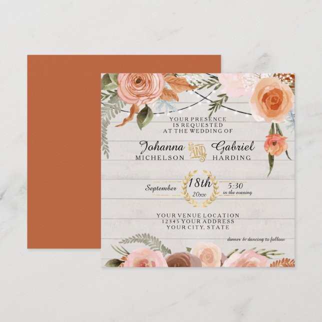 Floral Rustic Blush Burnt Orange Wood Leaf Foliage Invitation (Front/Back)