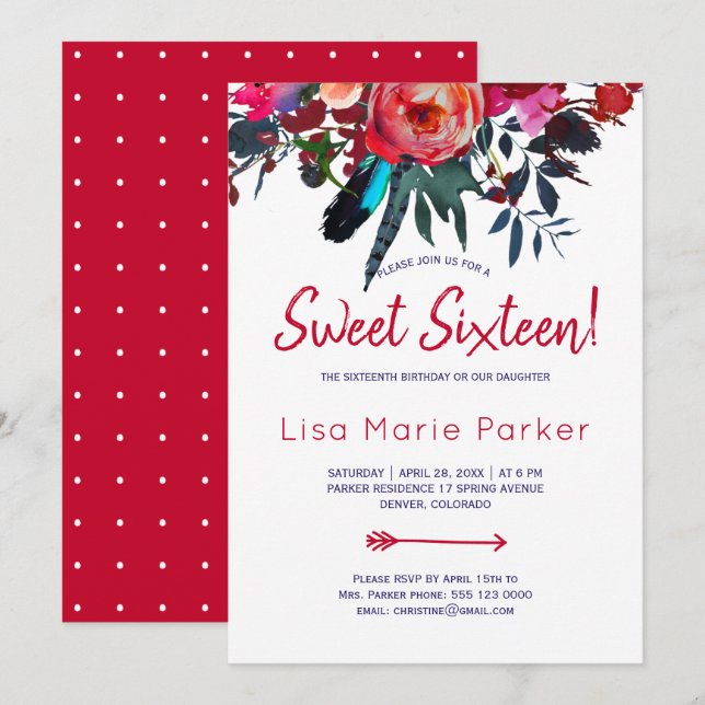 Floral rustic boho red navy blue bouquet sweet 16 invitation (Front/Back)