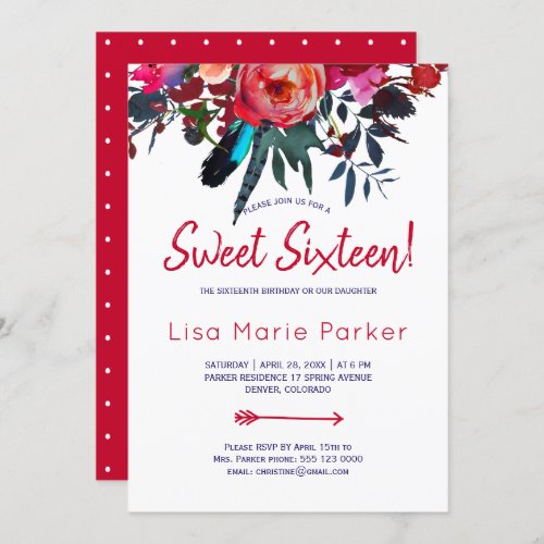 Floral rustic boho red navy blue bouquet sweet 16 invitation