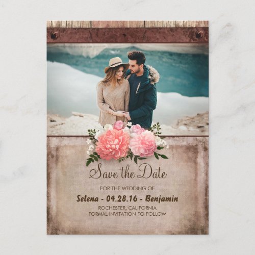 Floral Rustic Burlap and Wood Photo Save the Date Announcement Postcard - Old rustic barn wood, burlap and pink flowers bouquet photo save the date postcards