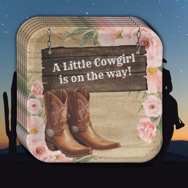 Floral Rustic Cowgirl Boots Baby Shower Paper Plates (Creator Uploaded)