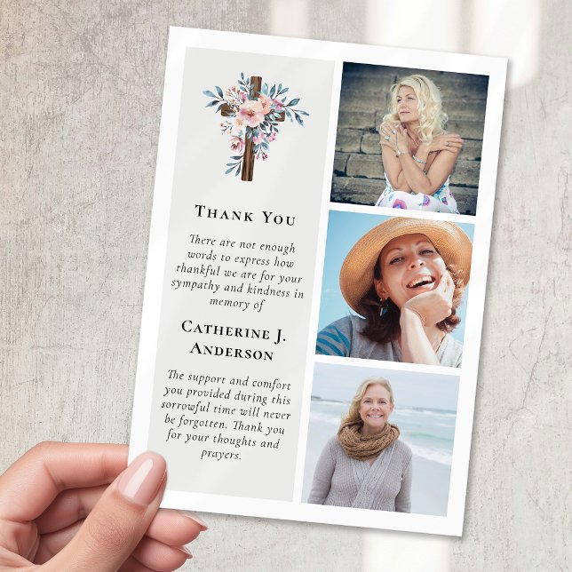Floral Rustic Cross 3 Photo Sympathy Funeral Thank You Card (Creator Uploaded)