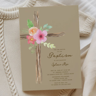 Floral Rustic Cross Baptism Invitation