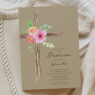 Floral Rustic Cross Baptism Invitation