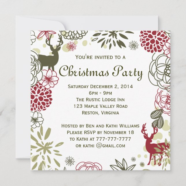 Floral Rustic Deer Christmas Party Invitation (Front)