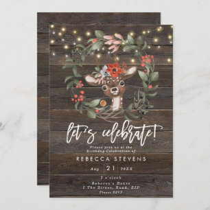floral rustic deer let's celebrate birthday invitation
