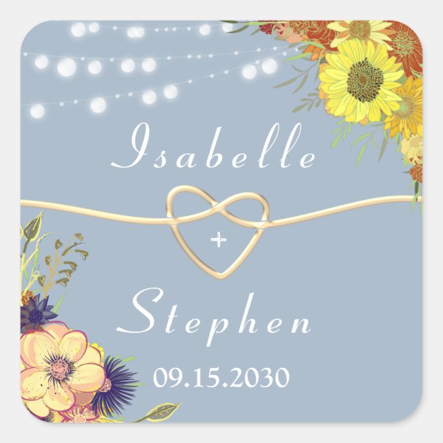 Floral Rustic Dusty Blue Wedding Favor Square Sticker (Front)
