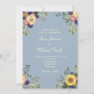 Floral Rustic Dusty Blue Wedding Invitation