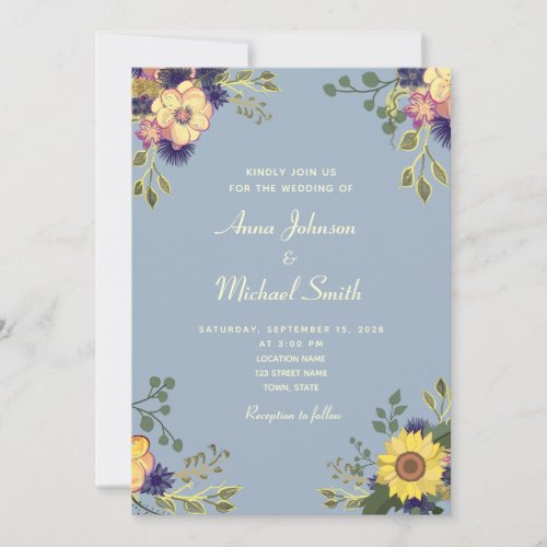 Floral Rustic Dusty Blue Wedding Invitation