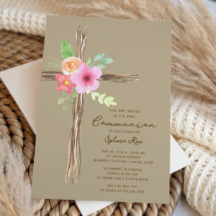 Floral Rustic First Communion Invitation