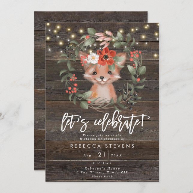 floral rustic fox let's celebrate birthday invitation (Front/Back)