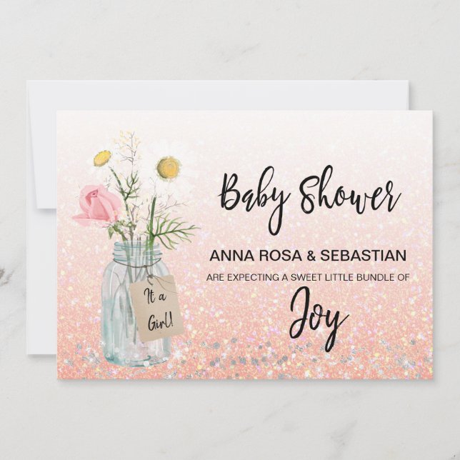 *~* Floral Rustic Glitter Mason Jar Baby Shower  Invitation (Front)