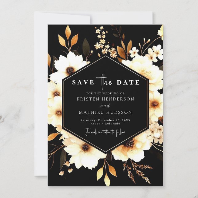 Floral Rustic Gold and Black Wedding Save The Date (Front)