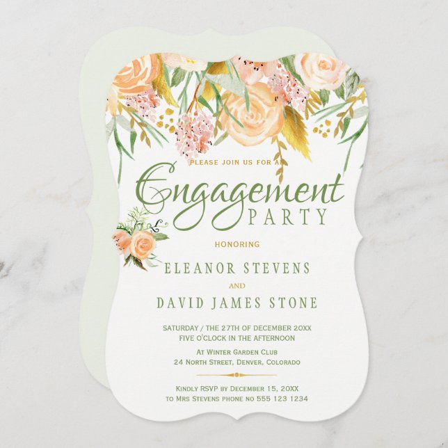 Floral rustic gold sage elegant engagement party invitation (Front/Back)