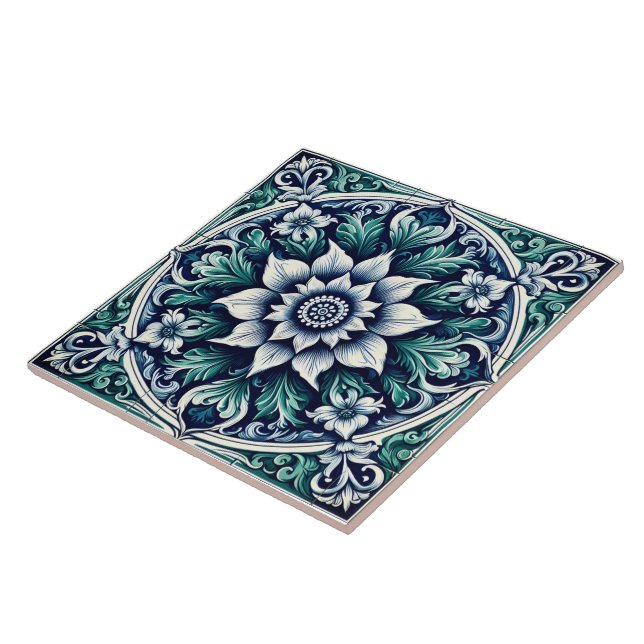 Floral Rustic Indigo Greenish Blue Azulejos Ceramic Tile (Side)