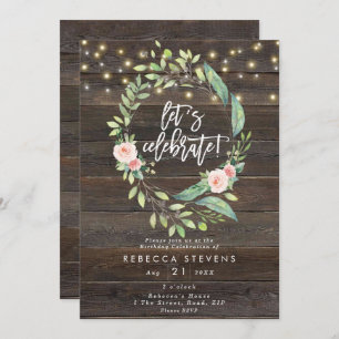 floral rustic lights let's celebrate birthday invitation