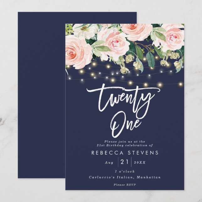 floral rustic lights navy 21st birthday invitation (Front/Back)