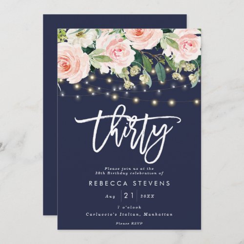 floral rustic lights navy 30th birthday invitation