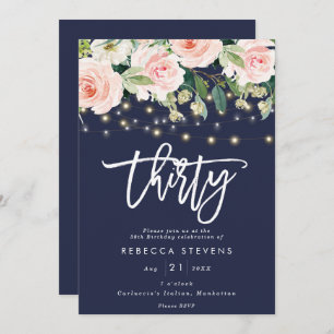 floral rustic lights navy 30th birthday invitation