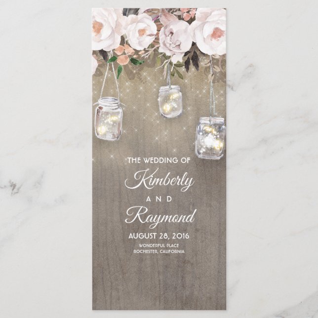 Floral Rustic Mason Jar Lights Wedding Programs (Front)
