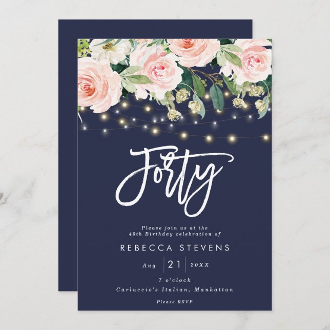 floral rustic navy 40th birthday invitation (Front/Back)