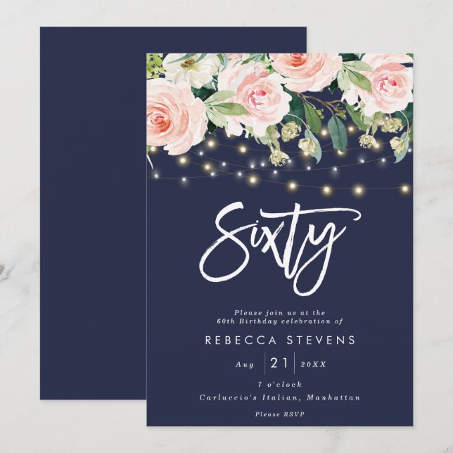 floral rustic navy 60th birthday invitation (Front/Back)