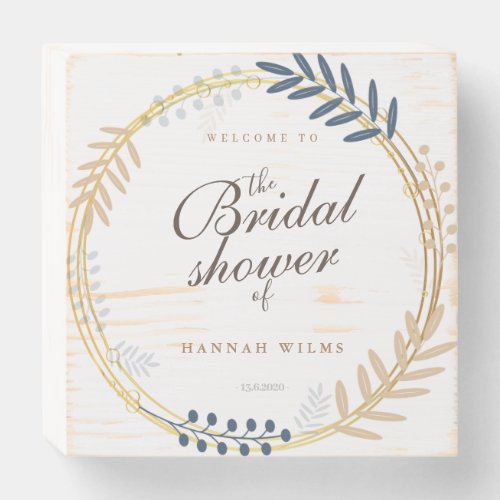 Floral Rustic Navy Blue Gold Bridal Shower Welcome Wooden Box Sign