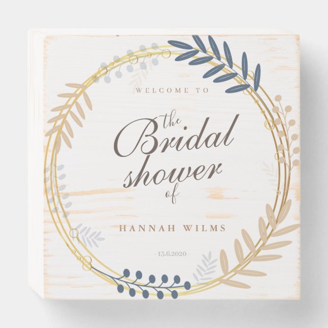 Floral Rustic Navy Blue Gold Bridal Shower Welcome Wooden Box Sign (Front Horizontal)