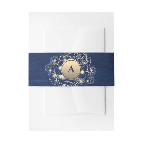 Floral Rustic Navy Blue Wedding Invitation Belly Band