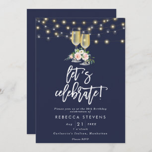 floral rustic navy let's celebrate birthday invitation