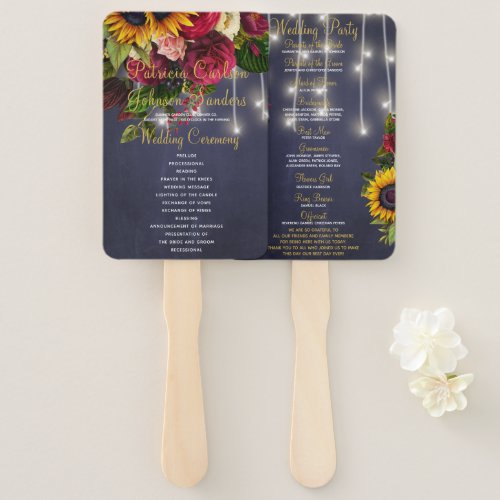 Floral rustic navy white lights wedding ceremony hand fan