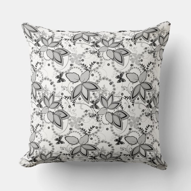 Floral rustic pattern retro black and white  throw pillow (Front)
