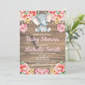 Floral Rustic Pink Girl Wood Elephant Baby Shower Invitation (Standing Front)