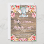 Floral Rustic Pink Girl Wood Elephant Baby Shower Invitation (Front)