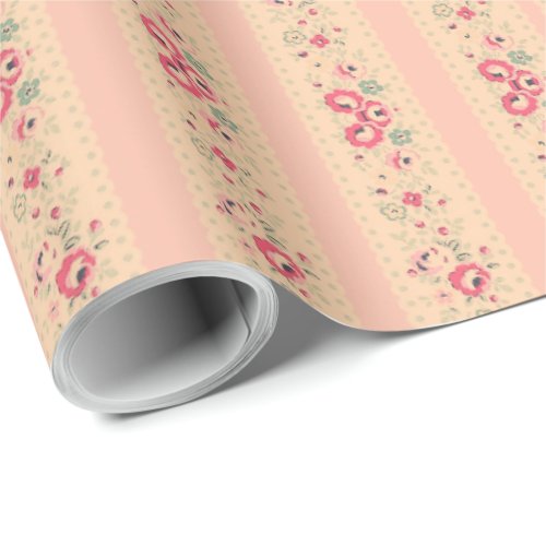 Floral Rustic Pink Shabby Vintage Retro Stripe Wrapping Paper