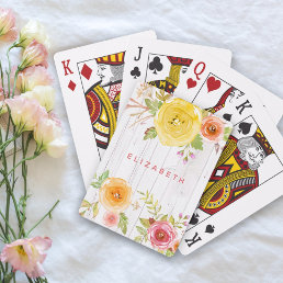 Floral rustic pink yellow watercolor, white wood playing cards