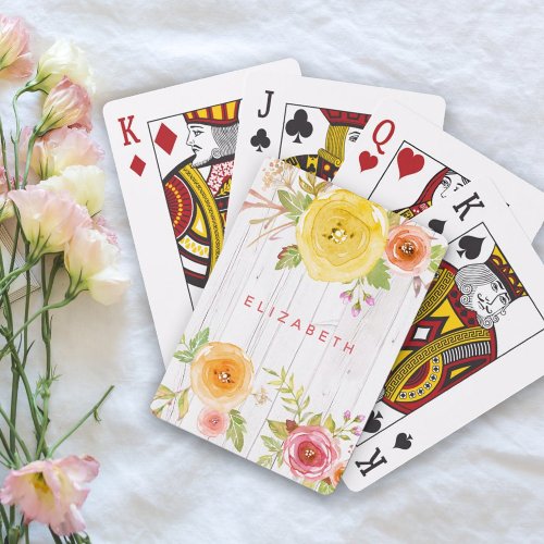 Floral rustic pink yellow watercolor white wood playing cards