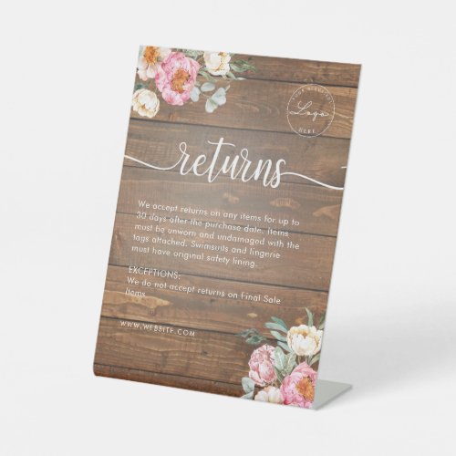 Floral Rustic Professional Return Policy Pedestal Sign