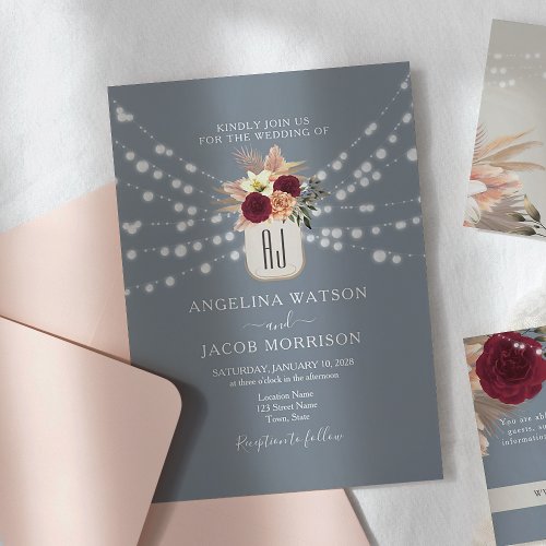 Floral Rustic String Lights Dusty Blue Wedding Invitation