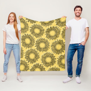 Floral Rustic Sunflower Hand Drawn Fleece Blanket
