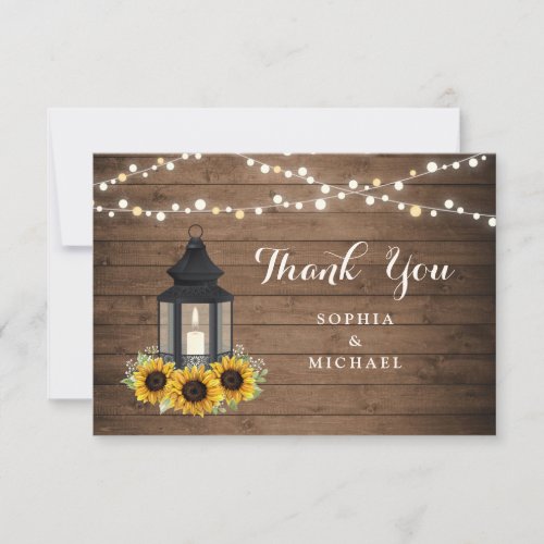 Floral Rustic Sunflower Lantern Wood String Lights Thank You Card